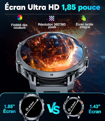 LIGE Montre Connectée Homme avec 1000mAh/1,85'' HD Grand Écran/LED Lampe,Smartwatch Homme avec Moniteur de Fréquence Cardiaque et Sommeil/110+ Modes Sportifs,IP68 Étanche Android iOS,Noir