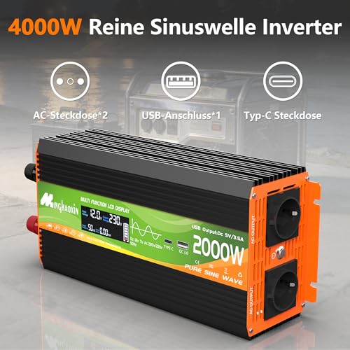 Wechselrichter 2000W Spannungswandler 12V 230V Reiner Sinus Inverter Konverter mit LCD-Display, USB-C-Anschluss und Kupferdraht 2 EU Steckdose für Solar,Fahrzeuge,Wohnmobil(Spitzenleistung 4000 Watt)