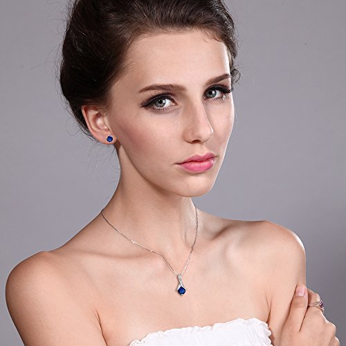Gem Stone King 925 Sterling Silver Simulated Sapphire Pendant Necklace And Earrings Set For Women (2.40 Cttw, Round With 18 Inch Silver Chain) #TOP4