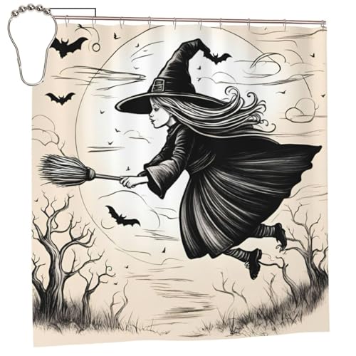 DUWAA Duschvorhang mit Halloween-Hexen-Motiv, waschbar, 183 x 183 cm, wasserdichter Stoff-Duschvorhang