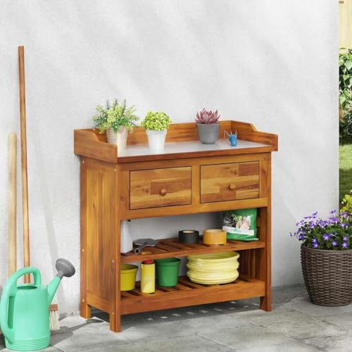 QUAHEAS Armario de jardín natural de madera maciza de acacia, 78 x 36,5 x 78 cm, con 2 cajones y 2 estantes para almacenamiento al aire libre en terraza, balcón, elegante espacio de almacenamiento y