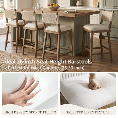 Butacos de barra para isla de cocina, set de 2 unidades, respaldo tejido y asiento tapizado en lino beige, estructura de madera natural cepillada, altura de asiento 26 pulgadas miniatura 5