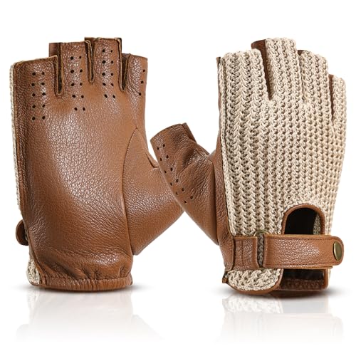 OZERO Driving Gloves for Men and Women Fingerless Goatskin Leather with Cotton Knit Back Unlined for Better Wheel Feel Adjustable Snap Wrist Medium