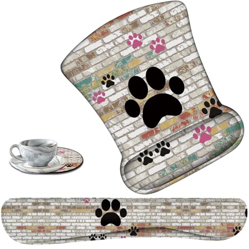 Keyboard Wrist Support + Wrist Mousepad + Coaster Combination, Non-Slip PU Base, with Gel Memory Mousepad, Suitable for Gaming, Office Pain Relief Mousepad Set - Cute Dog Paw Prints