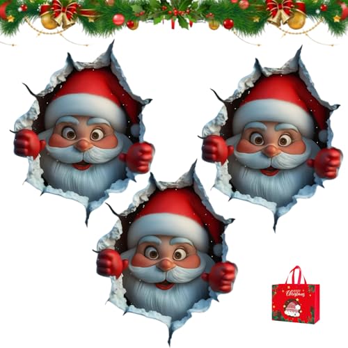 Christmas Creative Wall Sticker, Santa Claus Broken Wall Cartoon Design Christmas Decals, No Tools, Easy Apply, Realistic Easy-Peel Sticker, for Living Room Bedroom Office (A*3)