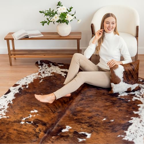 ecowhides 100% Genuine Brazilian Cowhide Rug - Luxury Cowskin Leather Area Rug Decor (X-Large) 7 x 6 ft (Tricolor)