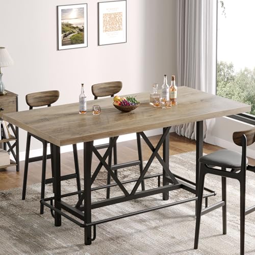 Image of Tribesigns 63-Inch Counter Height Bar Table with Metal Footrest (Gray) | Industrial Rectangle Pub Table, Wood Kitchen Dining Table with Sturdy Metal Frame for Dining Room, Home Bar