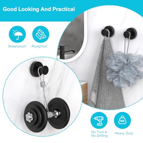 Image of HUFEEOH 4-Pack Heavy Duty Suction Cup Hooks for Shower - Strong Vacuum Black Hooks for Towels, Robes & Accessories, Removable Bathroom Holder for Tile, Glass, Mirror - No Drill Hanging Solution