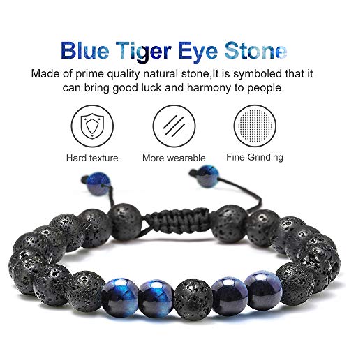 M Mooham Natural Bead Bracelet, Gem Semi Precious Stone Round Bead Black Lava Rock Blue Tiger Eye Beads Bracelet, Men Women Stress Relief Adjustable Bracelet Energy Stone Bracelet #TOP2