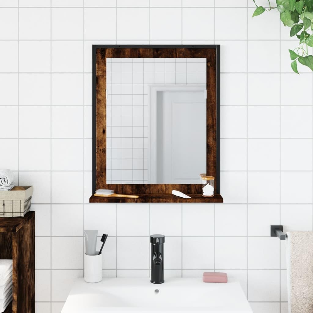 Espejo de baño con Estante de Madera de ingeniería Roble Ahumado, Almacenamiento Extra para artículos de higiene Personal, Montaje en Pared para Ahorrar Espacio, Reflejo