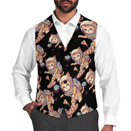 Funny Cat Flying A Pizza Astronaut Men's Suit Vests Business Formal Dress V-Neck Waistcoat Tops with 2 Pockets