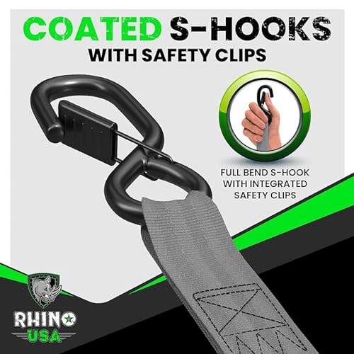 Image of Rhino USA Retractable Ratchet Straps (4-Pack) - 1 Inch x 10 Feet (1,209lb Break Strength) - Auto Self Retracting Tie Down Straps for Truck, Cargo Trailer, Motorcycle, ATV, UTV - Gray