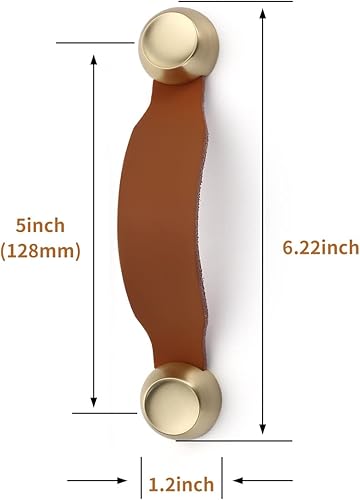 Miniatura 2 de Asidrama Paquete de 5 tiradores de cuero marrón de 5 pulgadas (5.039 in) para cajones, tiradores de gabinete de color dorado cepillado, manijas de