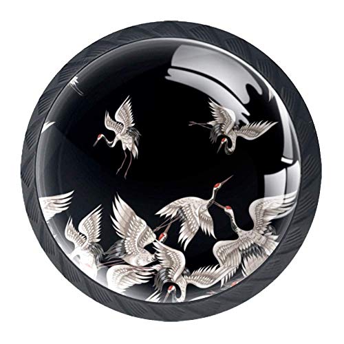 TIKISMILE - Tirador de cajón de grúas japonesas blancas de 35 mm de cristal para muebles de cocina, aparador, armario, 4 piezas