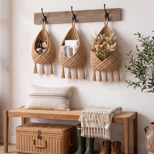 Image of Honeydak 3 Hanging Baskets, Light Linen, Triangular Tassel, Jute