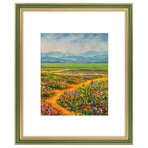 Image of Golden State Art,16x20 Ornate Picture Frame Holds 11x14 Photo,Green Gold | Includes plexiglass front,white mat,build-in hangers and buttons.Displays 11x14 photo on wall