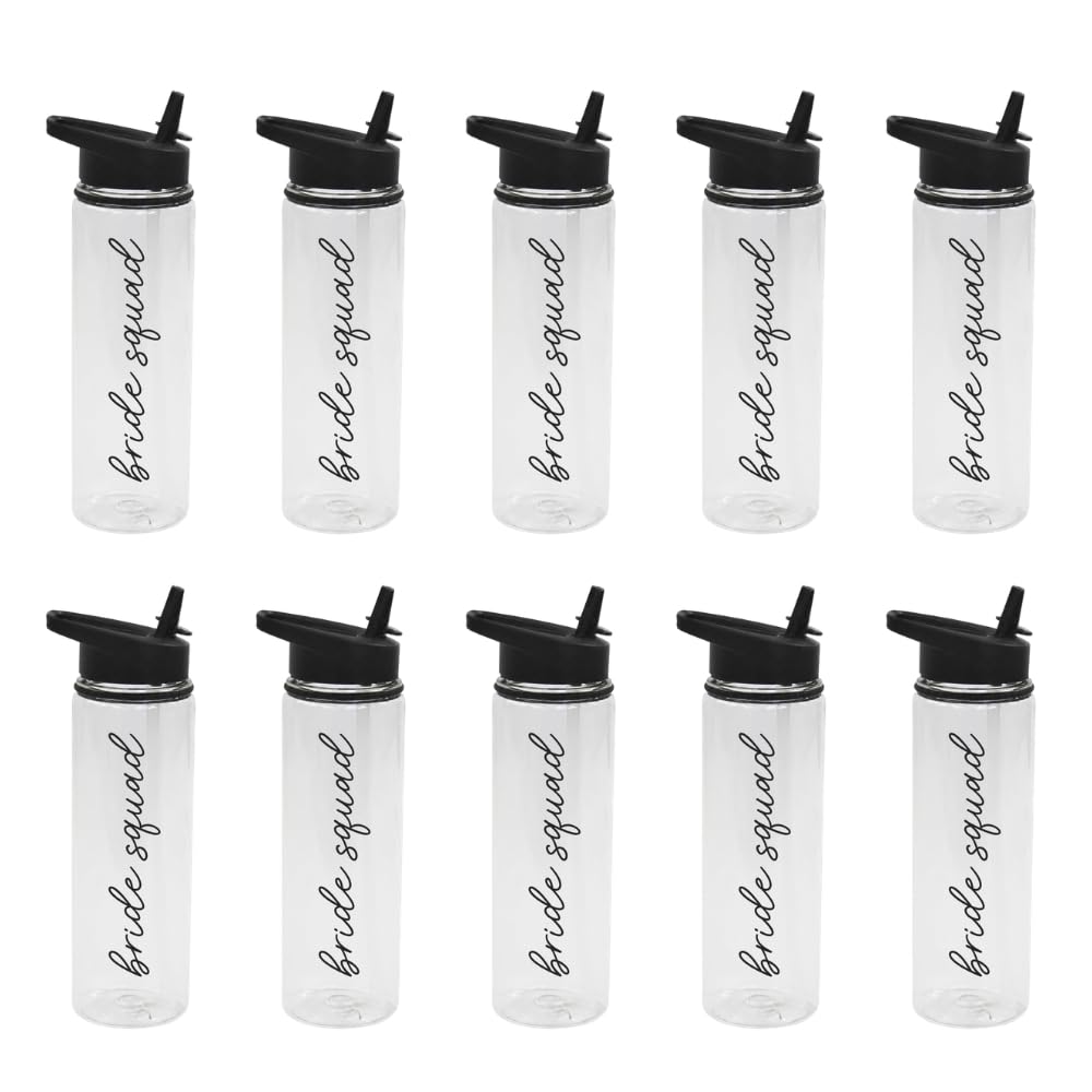 eBuyGB Black Bride Squad Water Bottle 725ml, Hen Party Drink Bottle with Straw Lid, Bridal Shower, Hen Do Favours, Bridesmaid Gifts & Party Bag Fillers (Pack of 10)