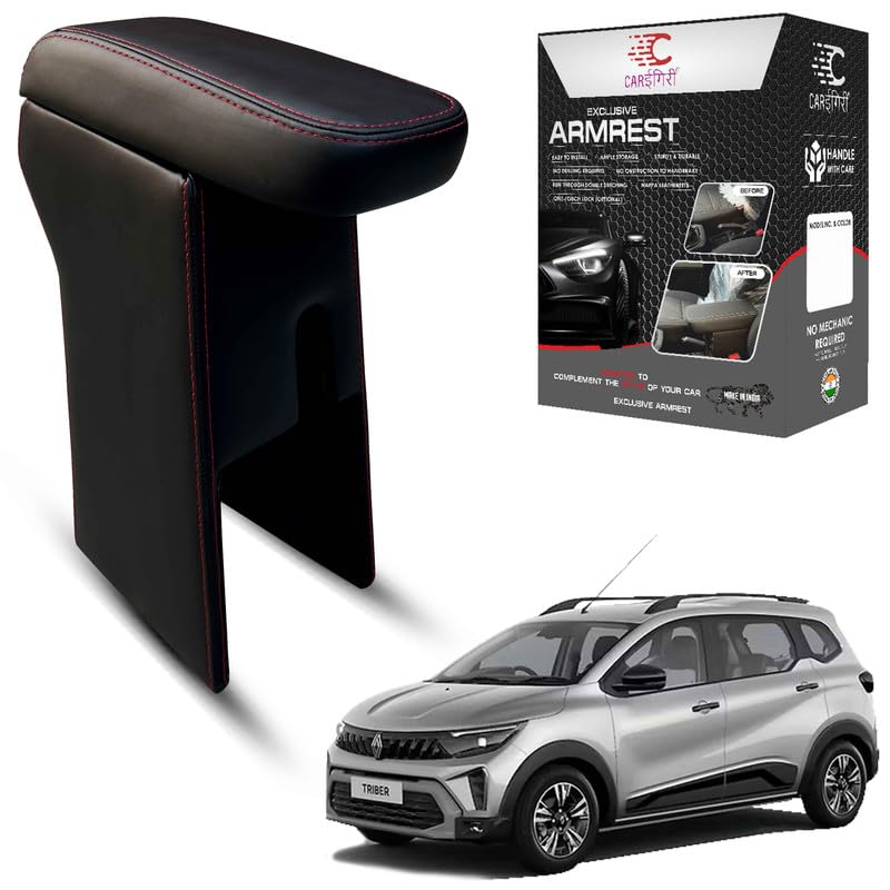 Image of Carigiri Premium Finish Car Armrest with Storage Box And High Density Moulded Foam For Renault Triber (All Models,Nappa Leatherette)(Models- 2025) (Without One-Touch Lock, Red Seam)