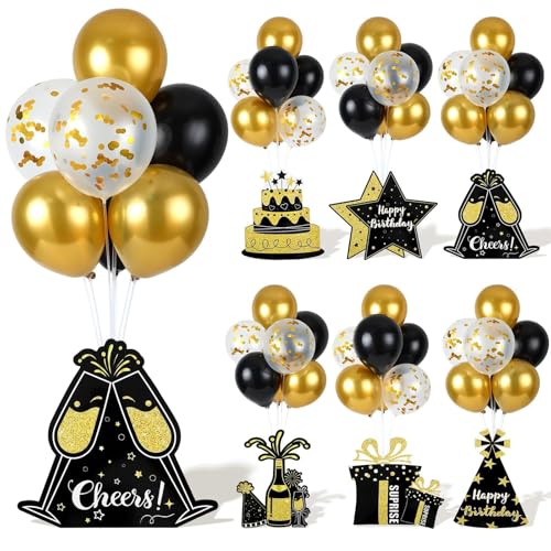 Image of 6 Sets Birthday Balloon Stand Kit for Table Happy Birthday Black Gold Balloon Centerpiece Decor Black and Gold Balloon Stand Kit for 40th 50th 60th 70th Birthday Party Decoration