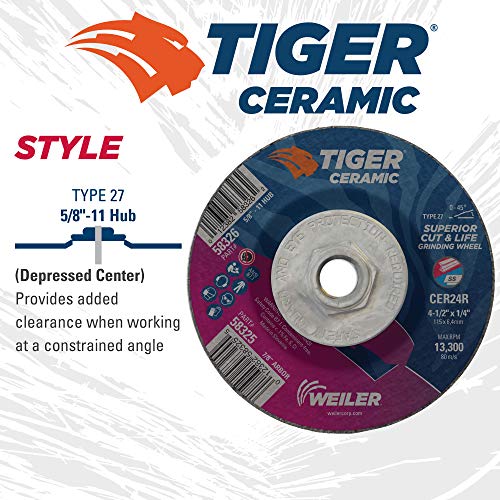 Image of Weiler 58326 4-1 /2 x 1 /4 Tiger Ceramic Type 27 Grinding Wheel CER24R 5 /8-11 Nut (Pack of 10)