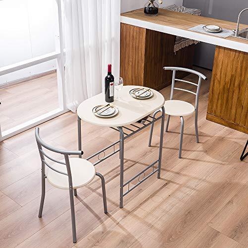 Image of VINGLI 3 Piece Dining Set, Small Kitchen Table Set for 2, Breakfast Table Set, Kitchen Wooden Table with 2 Chairs for Small Space /Dining Room /Apartment, Metal Frame, Wine Rack, Beige