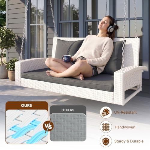Image of DEVOKO All Weather Resistant Rattan Wicker Double Seater Sofa Swing with Cushions for Garden, Poolside, Terrace, Balcony (White & Dark Grey)