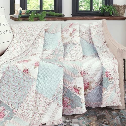 DaDa Bedding DaDalogy Cotton Patchwork Throw Blanket - Floral Cottage Quilted Reversible Hint of Mint Dainty Shabby Chic Blooming Garden Botanical - Ruffle Pastel Light Pink Blue/Green - 50 x 60