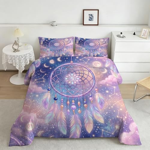 Image of Purple Dream Catcher Comforter Set, Boho Galaxy Star Moon Print Bedding Set Twin Size for Kids Boys Girls Teens, Soft Microfiber Room Decor 1 Comforter 1 Pillowcase