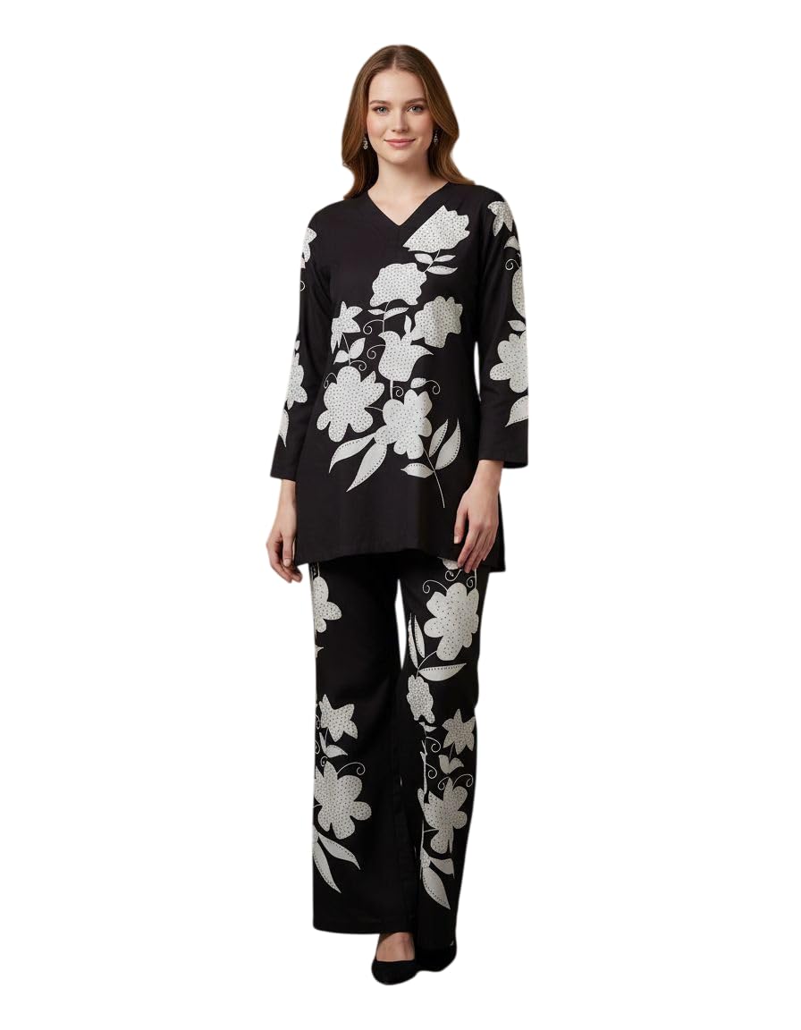 Women Floral Printed Co-Ord Set | Stylish Top & Bottom Set | Soft Comfortable Outfit | V-Neck 3/4 Sleeve Kurti with Matching Pants | Casual Lounge Wear Night Suit Set for Women-image-20