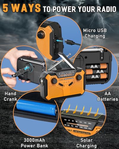 PRUNUS J-369 11100mWh Emergency Weather Radio, AA Batteries/Hand Crank/Solar/USB Charging, NOAA/AM/FM, LED Flashlight and Reading Lamp,SOS Alarm & Flashlight - Image 3
