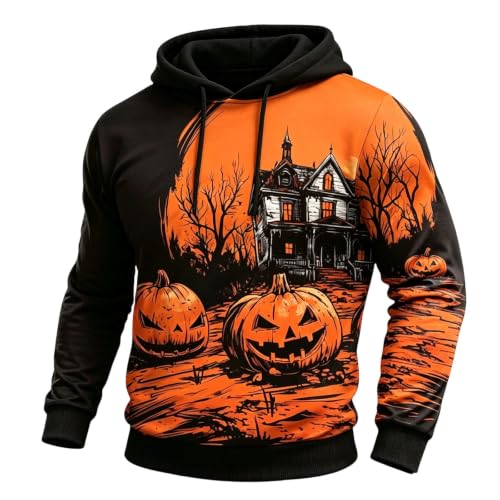 Halloween Hoodies for Men Spooky Castle Pumpkin Hoodie Y2k Casual Long Sleeve Pullover Streetwear Sweatshirt 2026 Orange - image 1