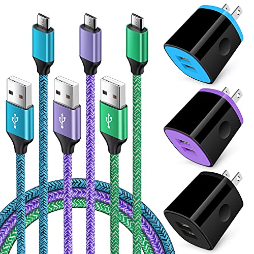 Android Phone Wall Charger Cube Block with Micro USB Cable Compatible for Moto E, G, G5 Plus/E5 Play E6 E4, Samsung Galaxy Note 5/4 S7 S6 J8 J7 J7V J3V, Tablet, USB A Nylon Bradied Cord 6FT 3 Pack -  Flecom