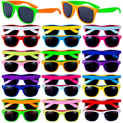 KOMENDANT 24 Pack 12 Colors Neon Sunglasses Party Favors 80’s Retro Style Sun Glasses for Beach Pool,Carnival,Party Favors,Birthday Party,Bulk Pack Sunglasses for Adults And Kids