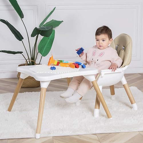 Image of 6 in 1 High Chair for Babies & Toddlers, Convertible Wooden Baby Highchair, Table and Chair Set, Baby Feeding Chair, 5-Point Adjustable Harness /4-Position Removable Tray& PU Seat Cushion(Beige)