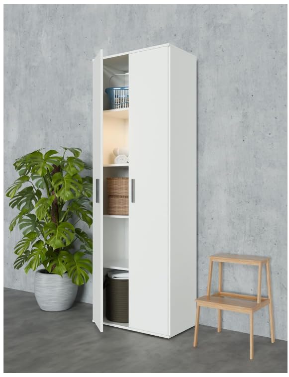 BDW Armadio Multiuso, Armadio Utility con 2 ante, 60 x 33 x 176 cm, 4 ripiani, per ripostiglio e garage (bianco)