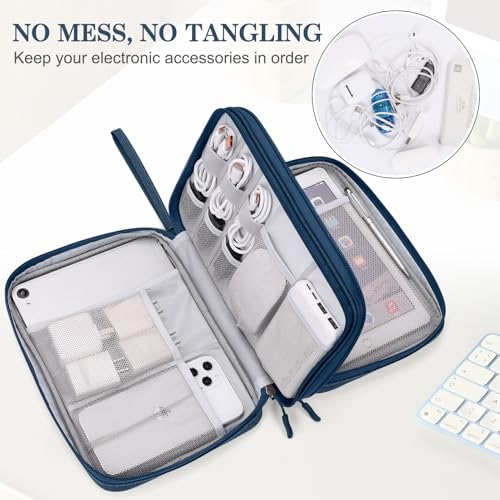 Image of FYY Electronic Organizer, Extra Large Travel Cable Organizer Bag Pouch Portable Waterproof Double Layers All-in-One Storage Bag for iPad, Cable, Power Bank, Laptop Charger for Office /Home, Navy