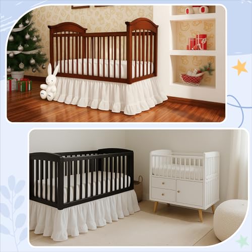 Image of Hahafelt White Crib Skirt for Baby Girls & Boys, 28 inch x 52 inch with 16 inch Drop-100% Washed Cotton Dust Ruffle Bed Skirt, Soft Nursery Bedding, Fits Standard Toddler Cribs, Boho Farmhouse Decor