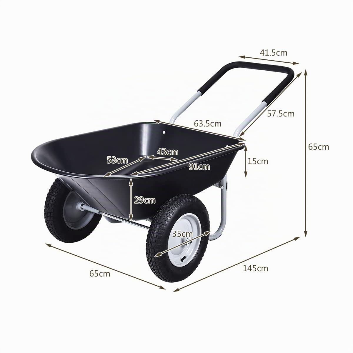 GYMAX Gartenschubkarre 100 Liter Volumen mit 2 Luftreifen, Schiebkarre Transportkarre mit Griff, Bauschubkarre bis 100 kg belastbar, 65 x 145 x 65 cm (Schwarz)