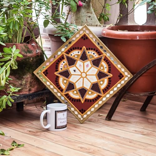 Image of Ethnics of Kutch Traditional Kutch Handicraft Mud-Mirrorwork Lippan Kam Wall Art (Water and Break Resistant) - Square (12 inch x 12 inch) - (White - LKT-0234)