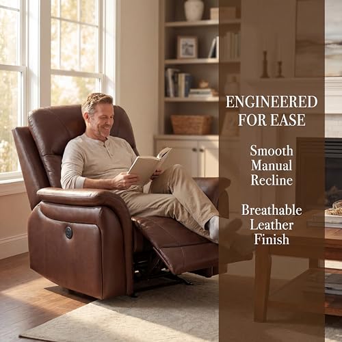 Image of Single Leather Manual Recliner Chair, Oversized Lazy Boy Recliner with Home Theater Seating, Breathable Living Room Reclining Chair for Adults Reading, Gaming, Relax, Brown