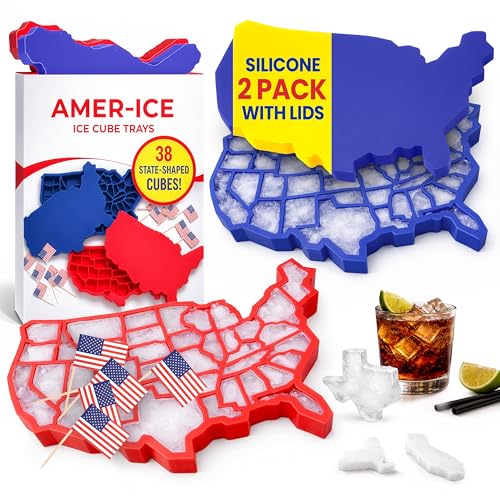 Amer-Ice Silicone Ice Cube Trays2-Pack | USA Ice Cube Tray with State Ice Cube Molds | Fun Ice Cube Trays With Lids Shaped Like American States - Gift for Americans - 9in x 6in x 0.75in