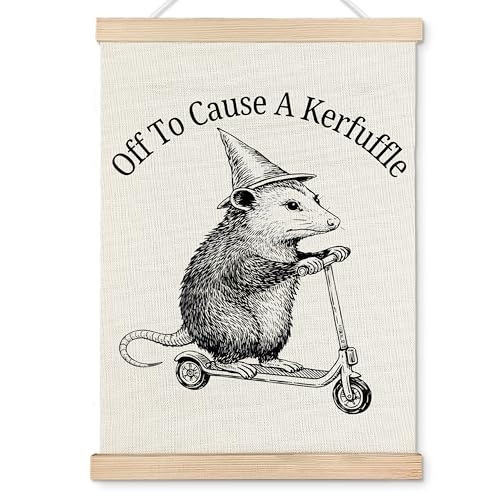 OHDCE Quirky Possum Wall Art, Funny Animal Possum Poster Hanger Frame, Magical Opossum Off to Cause a Kerfuffle Canvas Wall Prints Artwork for Home Bedroom Living Room Decor, 12x16 Inch