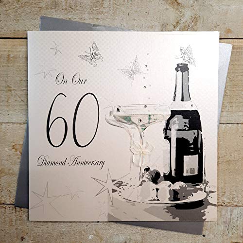White Cotton Cards Grande de Notre Anniversaire de Mariage/Noces de Diamant pour 60e Anniversaire Faite à la Main Blanc Cover