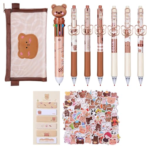 PerKoop かわいいクマの文房具セット クマの筆箱、ボールペン、マルチカラーペン、メモメモ、クマのメモメモ、粘着タグ、男の子、ティーン、女の子、学校用品(メッシュ)