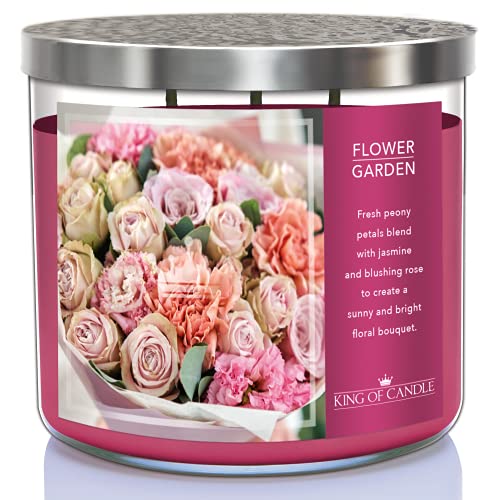 King of Candle - Flower Garden | Large 3 Wick Highly Scented Floral Candle | USA Made | 14 oz Soy Wax + Decorative Snuffer Lid | Rose Peony Jasmine Bouquet | Gifts for Women Mom Grandma Sister