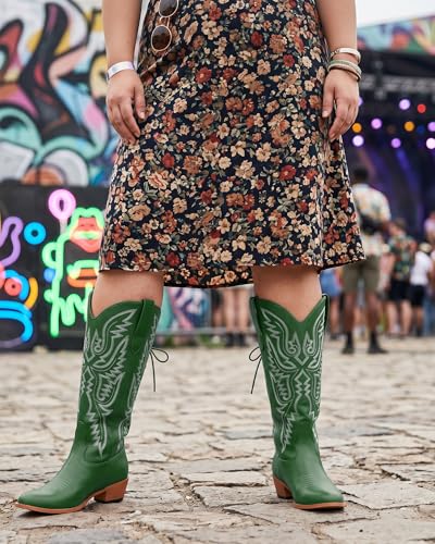 Image of Uillnoodu Wide Calf Cowboy Boots Women Adjustable Lace Up Knee High Tall Plus Size Cowgirl Boots Western Style Comfortable 2-Inch Heel