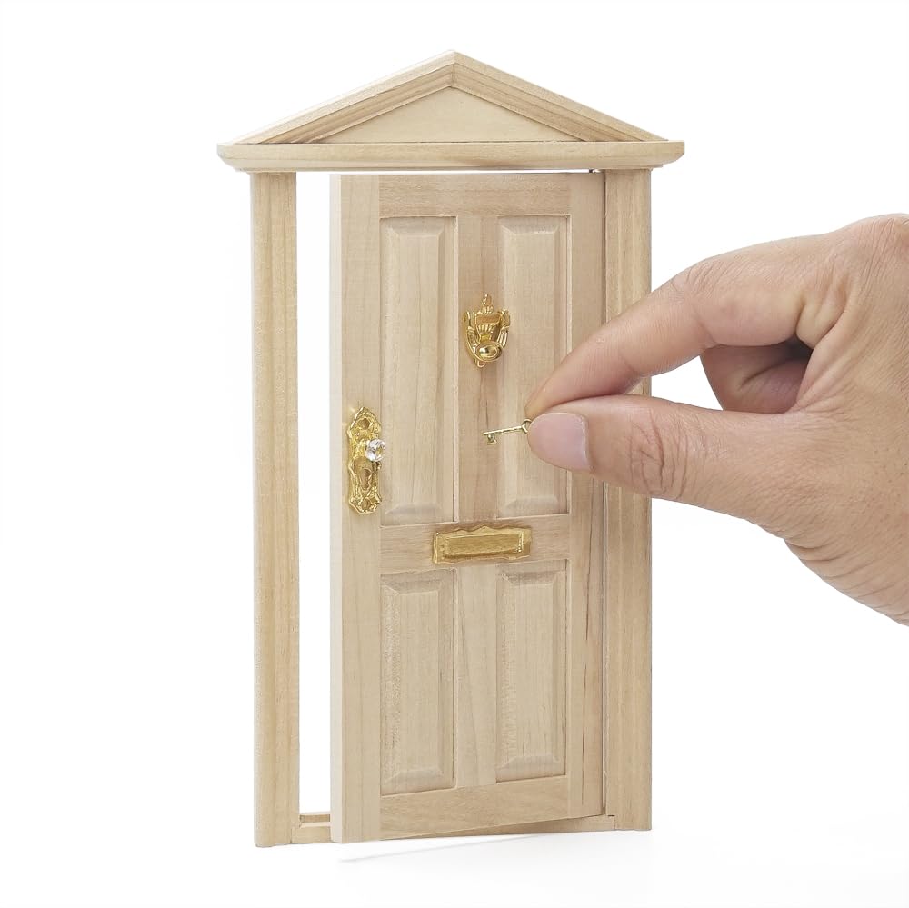 Odoria Dollhouse Front Door Miniature: 1/12 Scale Fairy Garden Panel Doors for Elf Outdoor - Mini Golden Knocker Lock Mail Slot Set - Tiny Unfinished Furniture Wood, Pointed Top, Outswing