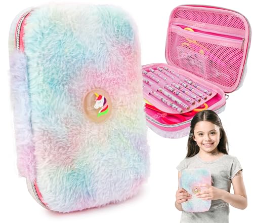 Image of Zest 4 Toyz Fluffy Unicorn Pencil Case for Kids Feathery Touch Cute Rainbow Design Large Capacity Stationery Organizer with Compartments School Zipper Pouch for Girls-Assorted Color Design