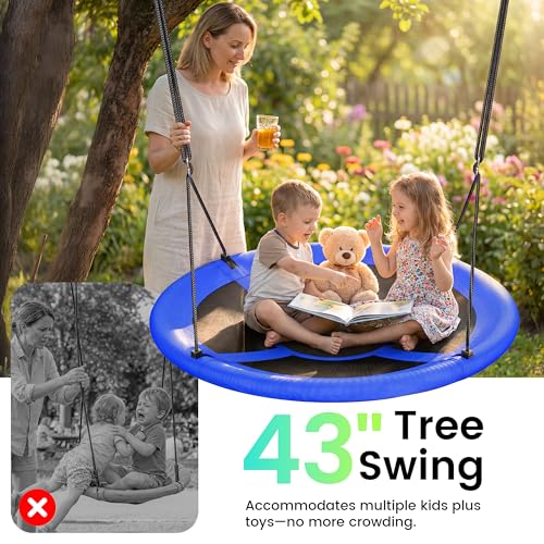 Image of Everyfun 43 inch Saucer Tree Swing for Kids Adult, 700lbs Weight Capacity, Waterproof Flying Saucer Swing with Adjustable Hanging Straps, Swing Seats for Backyard Outdoor Indoor Playground, Blue