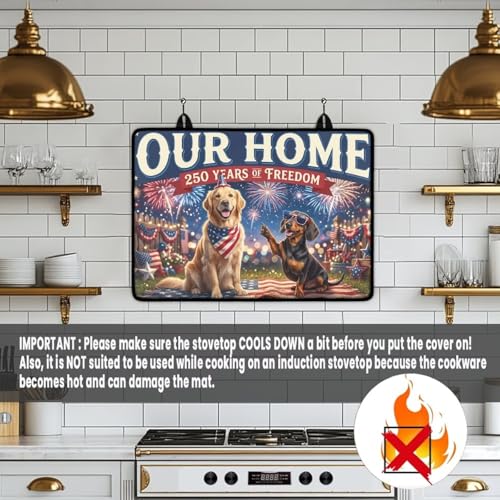 Image of Poceacles 4th of July Electric Stove Top Cover Induction Electric Stove Protector Non-slip Glass Cooktop Cover Stovetop Mat Multipurpose Flat Top Mat, Dog American Flag 250 Years Print